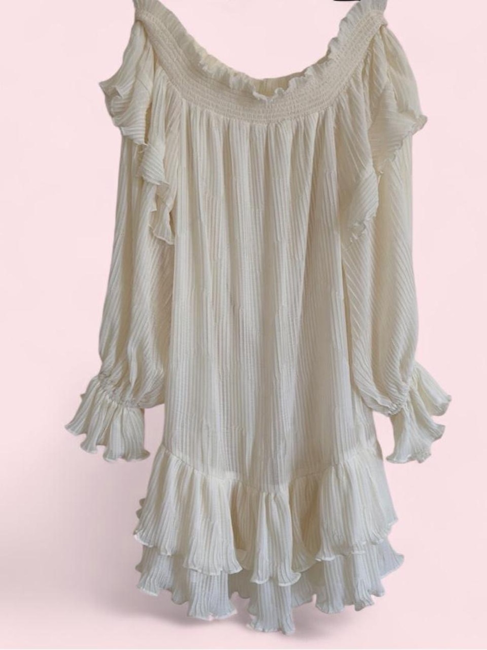 Ramy Brook Cream Ruffle Tiered Smocked Off-Shoulder Dress